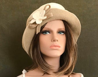 Ivory-Beige Jasmine Hat. Women's hat in boiled wool. Winter hat and cap.