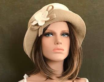 Jasmine Ivory-Beige Hat. Women's boiled wool hat. Winter hat and bonnet.
