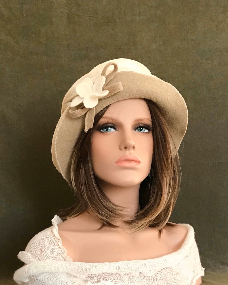 Ivory-Beige Jasmine Hat. Women's hat in boiled wool. Winter hat and cap. image 1