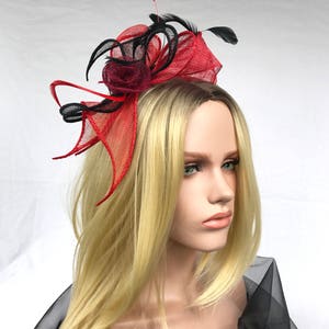 Headband Swing Red Black. Wedding woman hat. Bibi ceremony . Mini hat . Hairdressing accessory. image 6