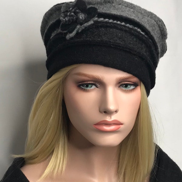 Chapeau femme d’hiver en laine bouillie. Chapeau Anais couleur noir, gris et gris anthracite. Bonnet femme. Toque d’hiver.