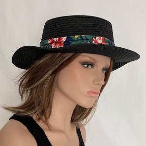 Women&#39;s summer boater Calvi black hat. Beach and sun hat. Wedding and Ceremony Hat. Boater beach and sun.