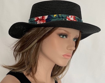 Chapeau femme d’été canotier Calvi noir. Chapeau plage et soleil. Chapeau Mariage et Cérémonie. Canotier plage et soleil.