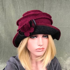 Jasmin Bordeaux-Antracite Hat. Women's hat. Boiled wool winter hat.