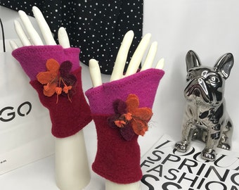 Mitaines femme en laine bouillie rouge /rose. Mitaines d’hiver. Mitaines pour conduire. Gants femme. Gants d’hiver. Gants laine.