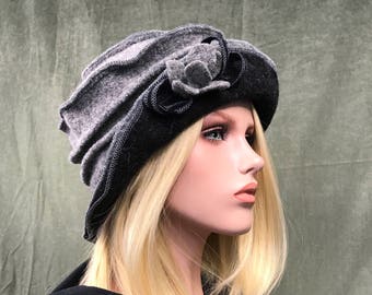 Chapeau Jasmin Gris-Noir.Chapeau femme . Bonnet d'hiver en laine bouillie .