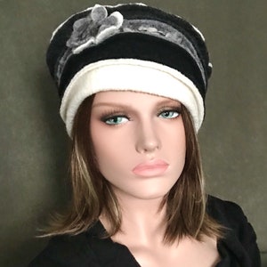 Chapeau Anais Ivoire-gris-noir. Chapeau femme. Bonnet dhiver. Toque en laine bouillie. image 9