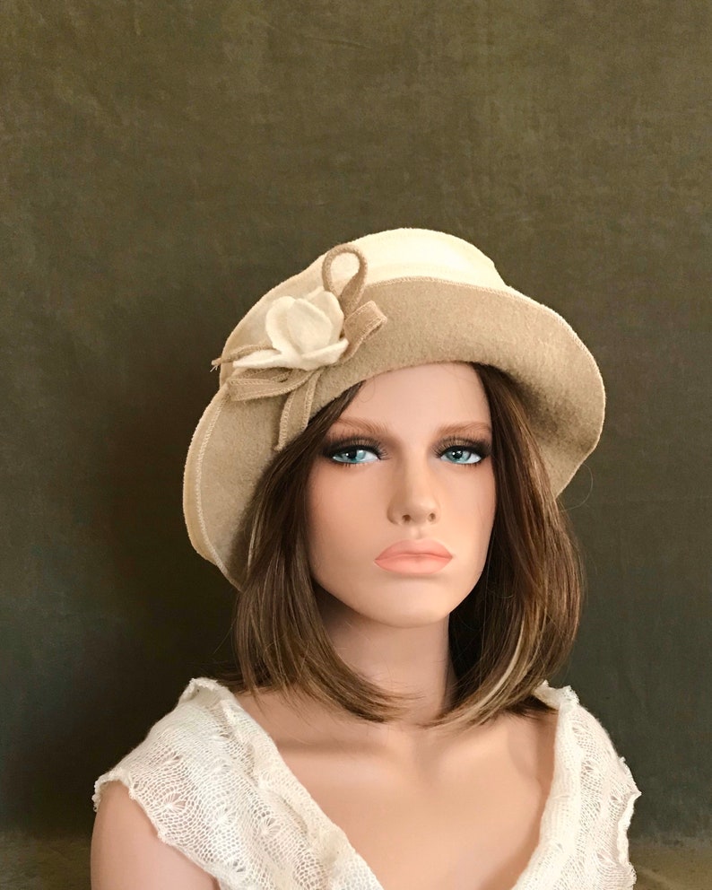 Ivory-Beige Jasmine Hat. Women's hat in boiled wool. Winter hat and cap. image 7