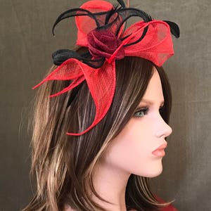 Headband Swing Red Black. Wedding woman hat. Bibi ceremony . Mini hat . Hairdressing accessory. image 4