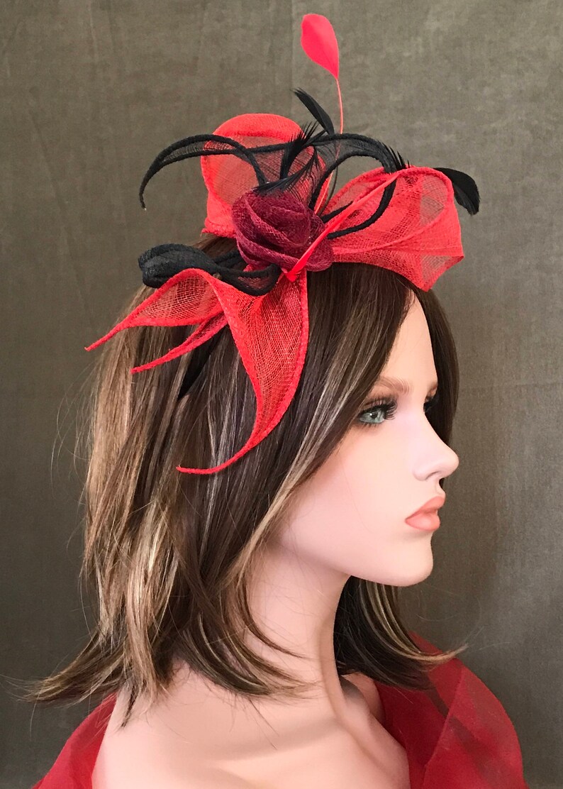 Headband Swing Red Black. Wedding woman hat. Bibi ceremony . Mini hat . Hairdressing accessory. image 4