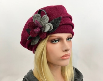 Chapeau Marion Bordeaux.Chapeau femme. Béret en laine. Bonnet d'hiver .