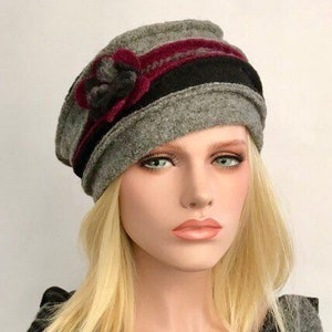 Chapeau femme .Chapeau Anais Gris Bordeaux Noir en laine bouillie .Chapeau d'hiver . Toque .Bonnet laine . image 2