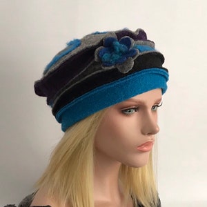 Chapeau Femme . Chapeau Anais Turquoise-violet gris en laine bouillie . Chapeau d'hiver . Bonnet en laine bouillie . Toque femme . image 4