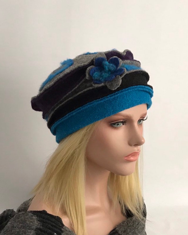 Chapeau Femme . Chapeau Anais Turquoise-violet gris en laine bouillie . Chapeau d'hiver . Bonnet en laine bouillie . Toque femme . image 4