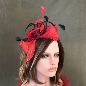 Headband Swing Red Black. Wedding woman hat. Bibi ceremony . Mini hat . Hairdressing accessory. image 2