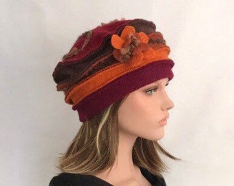 Chapeau femme Anais Bordeaux -Marron-Orange-Brique en laine bouillie . Bonnet femme en laine . Toque femme .Chapeau hiver .