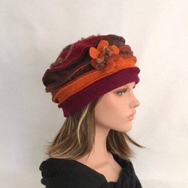 Chapeau femme Anais Bordeaux -Marron-Orange-Brique en laine bouillie . Bonnet femme en laine . Toque femme .Chapeau hiver .