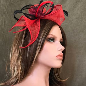 Headband Swing Red Black. Wedding woman hat. Bibi ceremony . Mini hat . Hairdressing accessory. image 3