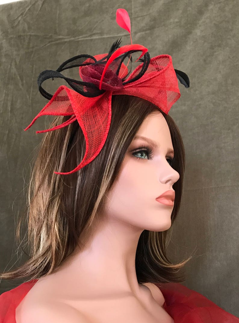 Headband Swing Red Black. Wedding woman hat. Bibi ceremony . Mini hat . Hairdressing accessory. image 3