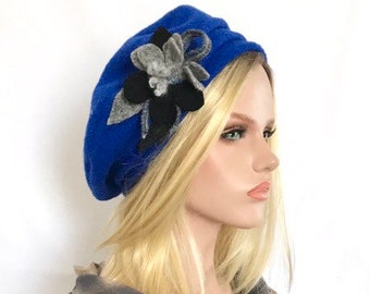 Royal Blue Marion Hat. Women's hat.Wool beret. Winter hat. Women's beret.