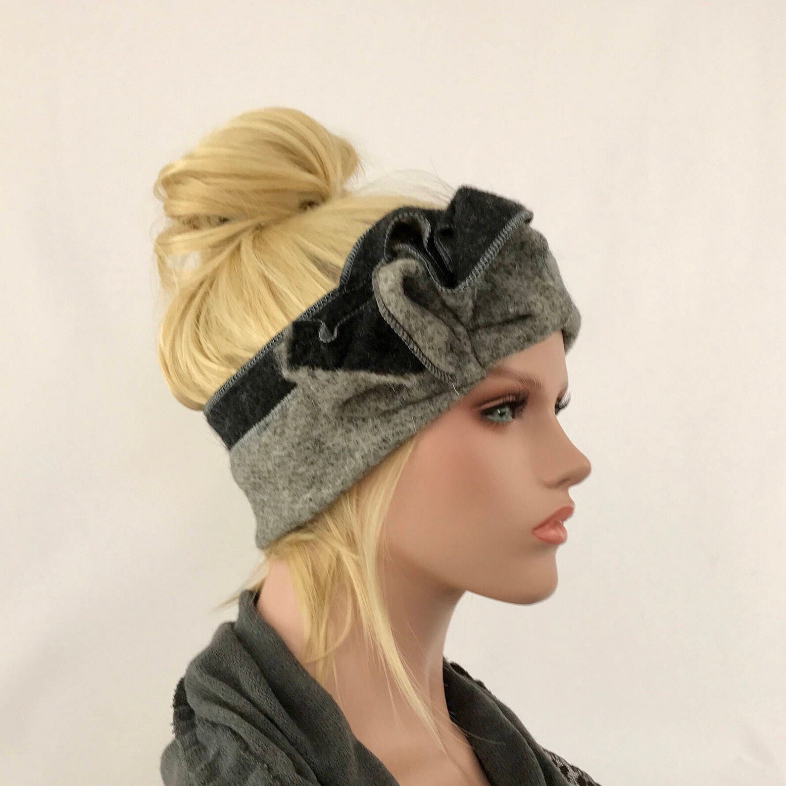 Anna Grey/black Headband. Hair Band. Wool Earmuff Headband. Etsy