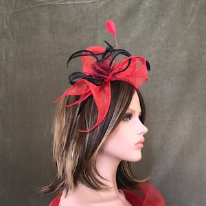 Headband Swing Red Black. Wedding woman hat. Bibi ceremony . Mini hat . Hairdressing accessory. image 1
