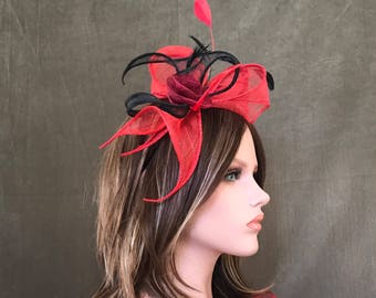 Headband Swing Red -Black. Wedding woman hat. Bibi ceremony . Mini hat . Hairdressing accessory.