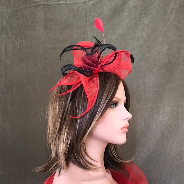 Headband Swing Red -Black. Wedding woman hat. Bibi ceremony . Mini hat . Hairdressing accessory.