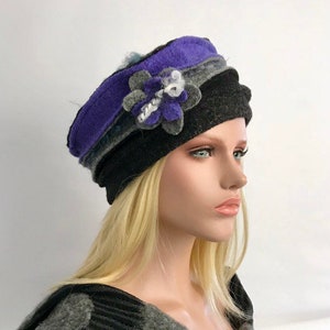 Women's hat. Anais Hat Gray - Purple - Black in boiled wool. Winter hat. Women's hat. Wool hat. Toque.