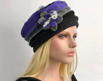 Chapeau femme .Chapeau Anais Gris -Violet -Noir en laine bouillie . Chapeau d'hiver . Bonnet femme .Bonnet laine .Toque .