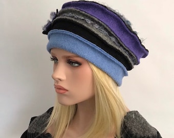 Chapeau femme . Chapeau Anais Gris - Ciel -Violet en laine bouillie . Bonnet en laine . Chapeau d'hiver .Toque .