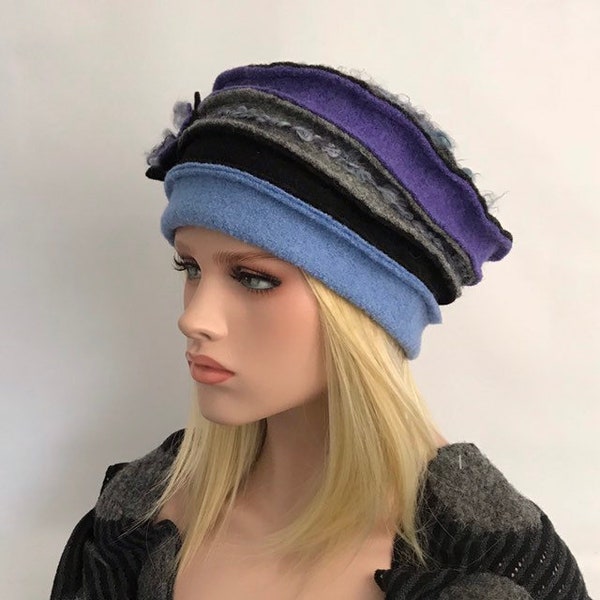 Women's hat. Anais Hat Gray - Sky - Purple in boiled wool. Wool cap . Winter hat. Toque.