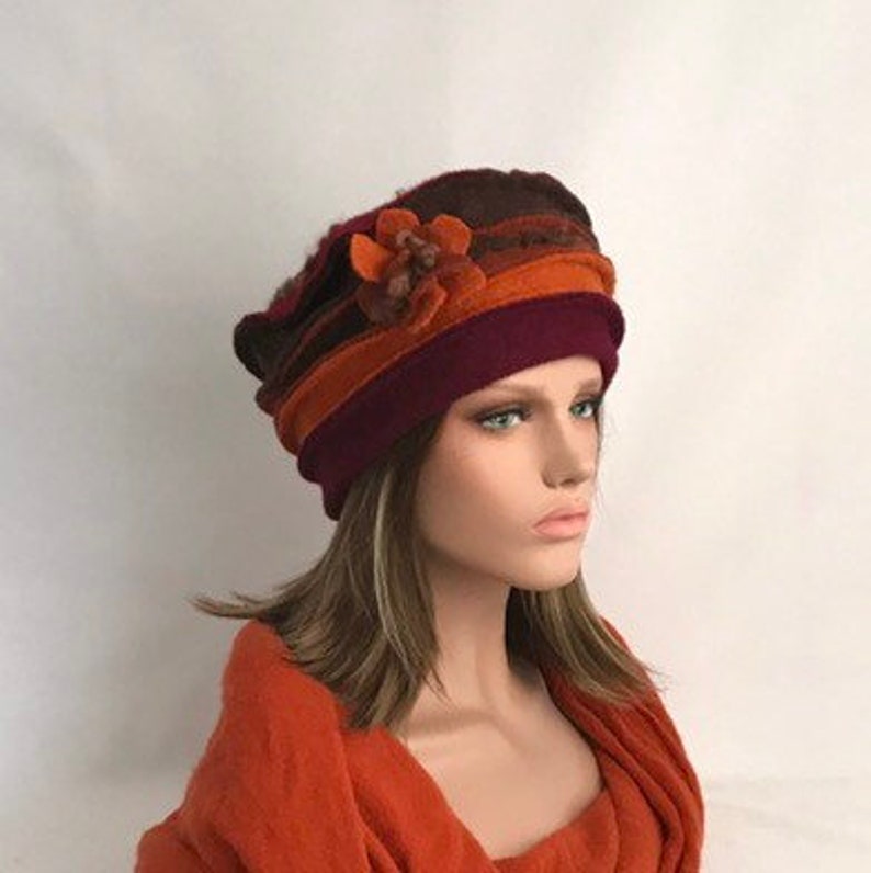 Chapeau femme Anais Bordeaux Marron-Orange-Brique en laine bouillie . Bonnet femme en laine . Toque femme .Chapeau hiver . image 8