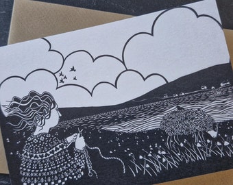 Girl knitting card