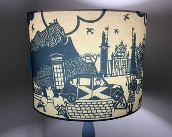Drum lampshade, blue and white original contemporary Edinburgh paper cut design