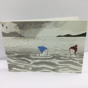 blank card featuring a wild swimmer with a colourful backdrop