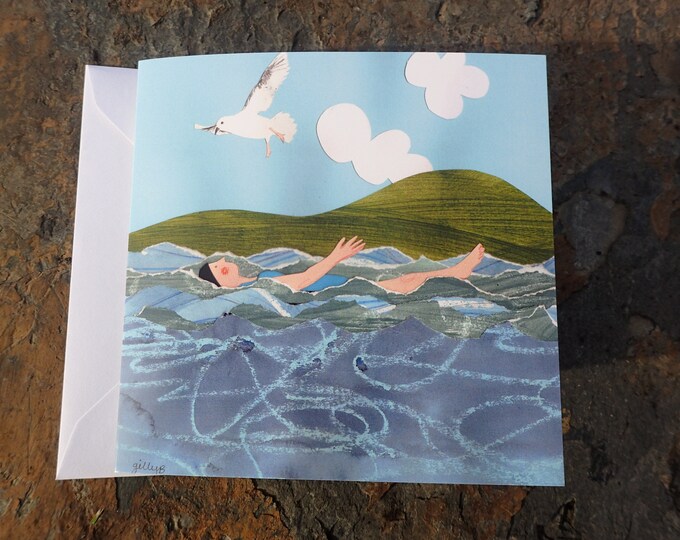 blank card featuring a wild swimmer with a colourful backdrop