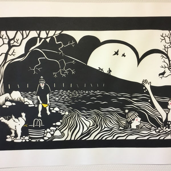 Print, from an original hand cut paper cut design featuring wild swimmers in a river.