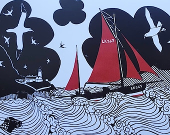 Blank card featuring a classic boat with red sails.