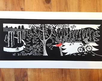Cycling forest scene. Print
