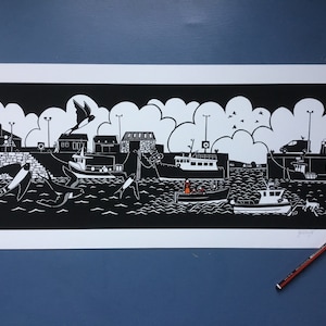 Digital print from an original paper cut featuring a harbour scene.