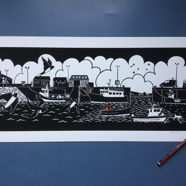 Digital print from an original paper cut featuring a harbour scene.
