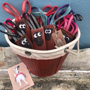 Può includere: Un secchio rosso pieno di guinzagli per cani colorati con simpatici volti di cani alle estremità. I guinzagli sono fatti di corda e hanno un motivo a strisce bianche e nere. Il secchio è rivestito di tela bianca e ha un manico di corda rosso. Un piccolo biglietto con un'illustrazione di un cane e il testo "Fester's Friends" è in primo piano.