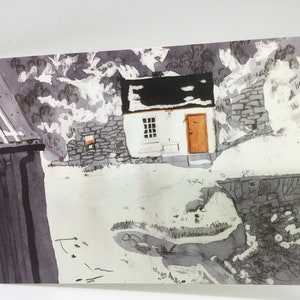 Blank card taken from a sketch in the snow featuring a small shed.