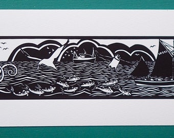 Print from an original hand cut paper cut featuring ships and sea creatures.