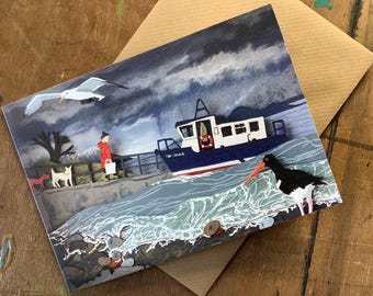 Card featuring a ferry and an Oyster catcher.