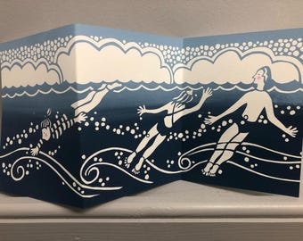 Wild swimming, sea swimmers, hand screen printed, limited edition concertina card.