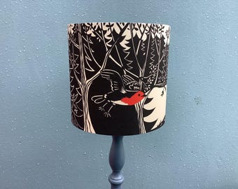 Robin and Cyclists Lampshade, Organic Cotton, Woodland Design