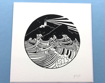 Digital print of an original paper cut design featuring a lighthouse.