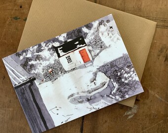 Blank card taken from a sketch in the snow featuring a small shed.